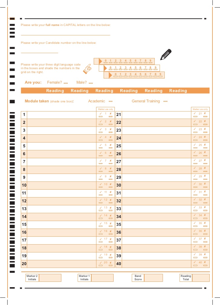 Reading Test answer sheet